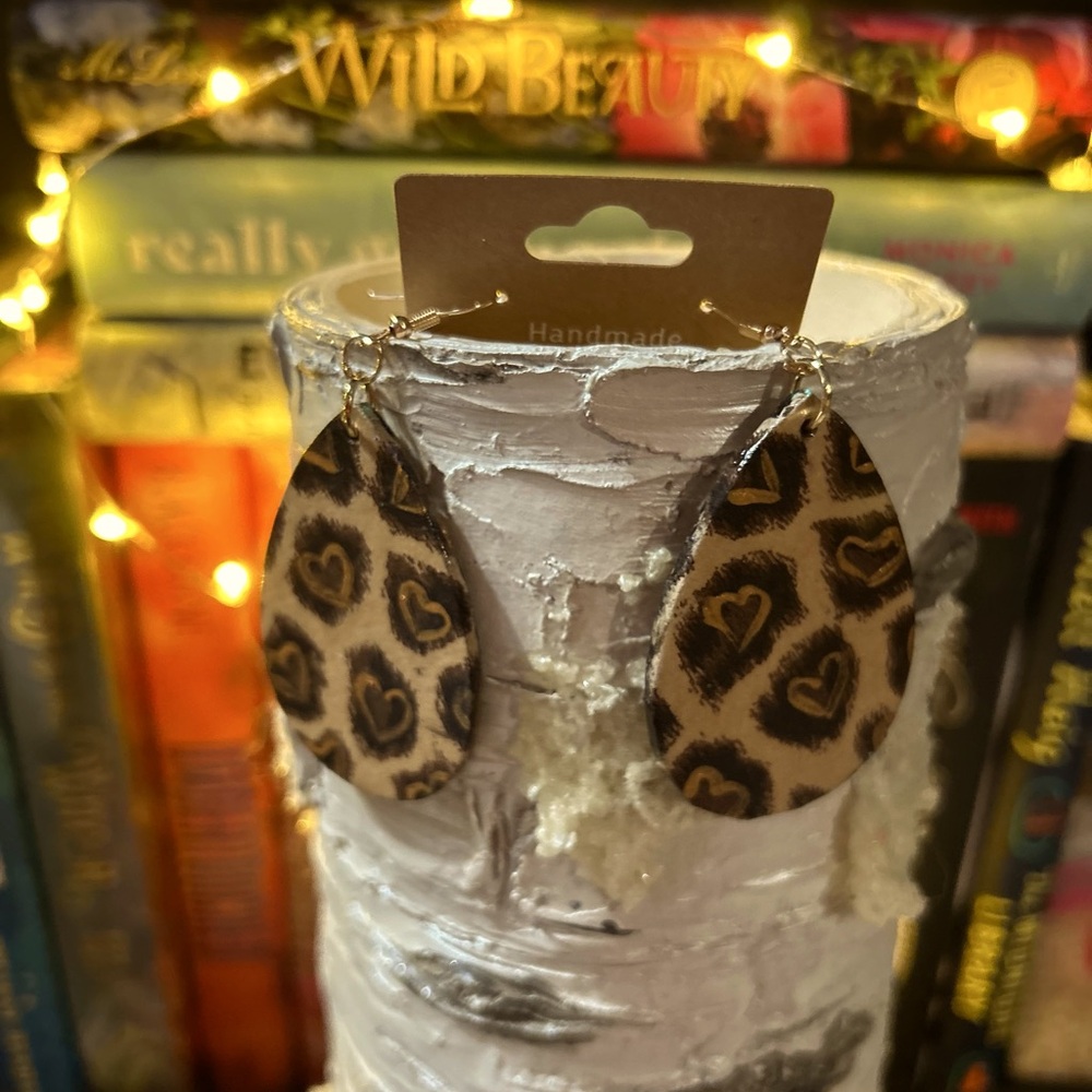 Handmade wooden leopard print earrings brand new